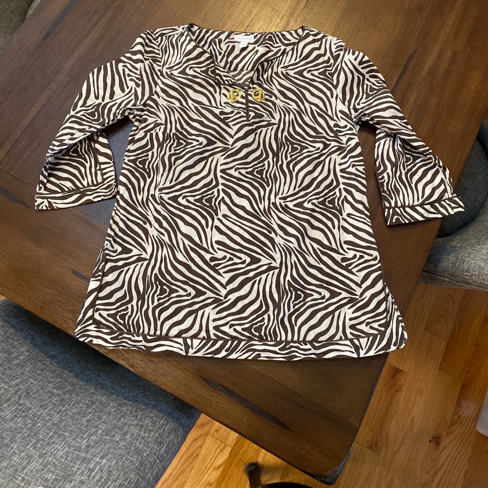 Charter Club zebra print tunic with gold harness.